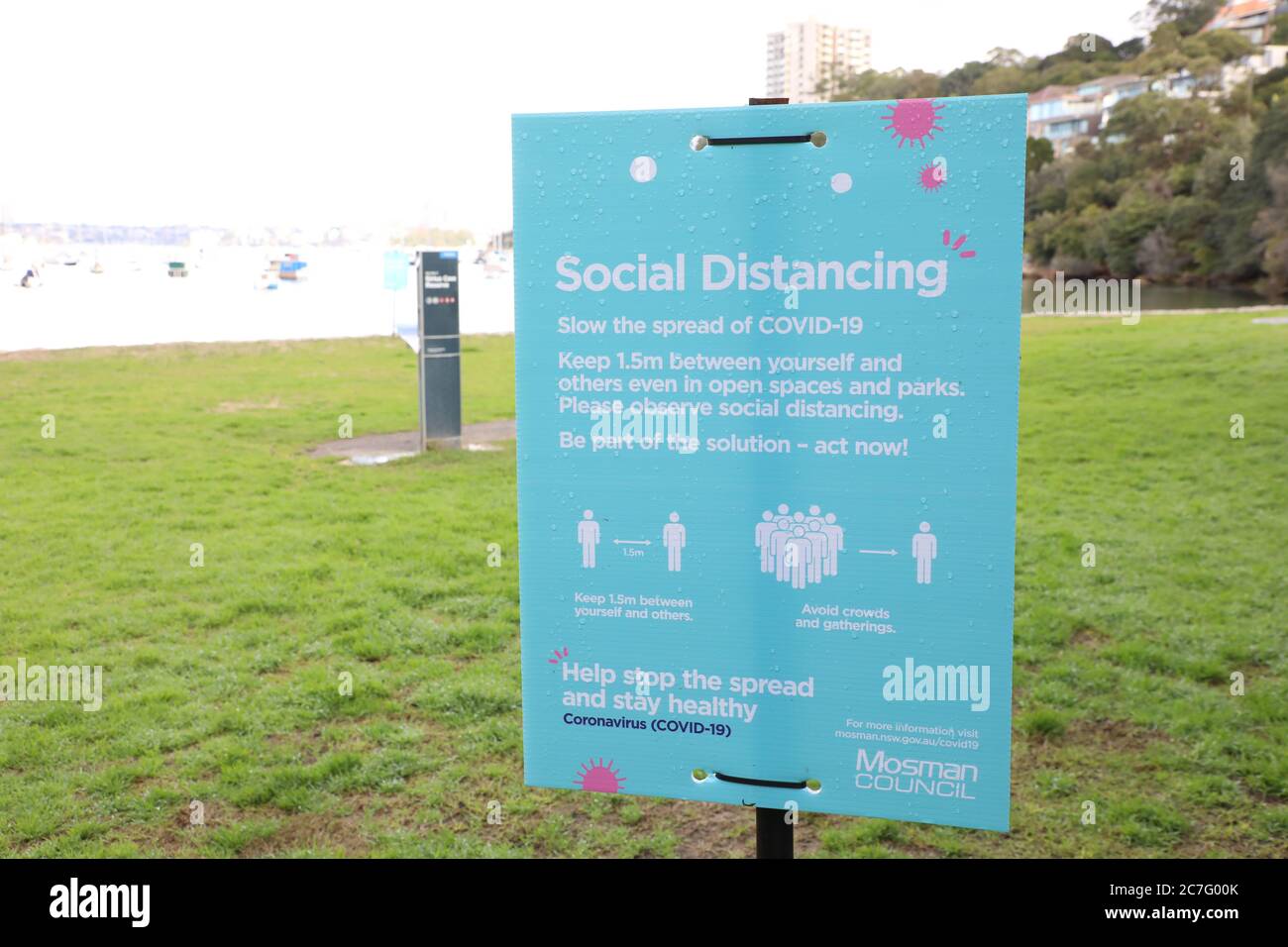Mosman Council Covid-19 (coronavirus) social distancing advise sign at ...