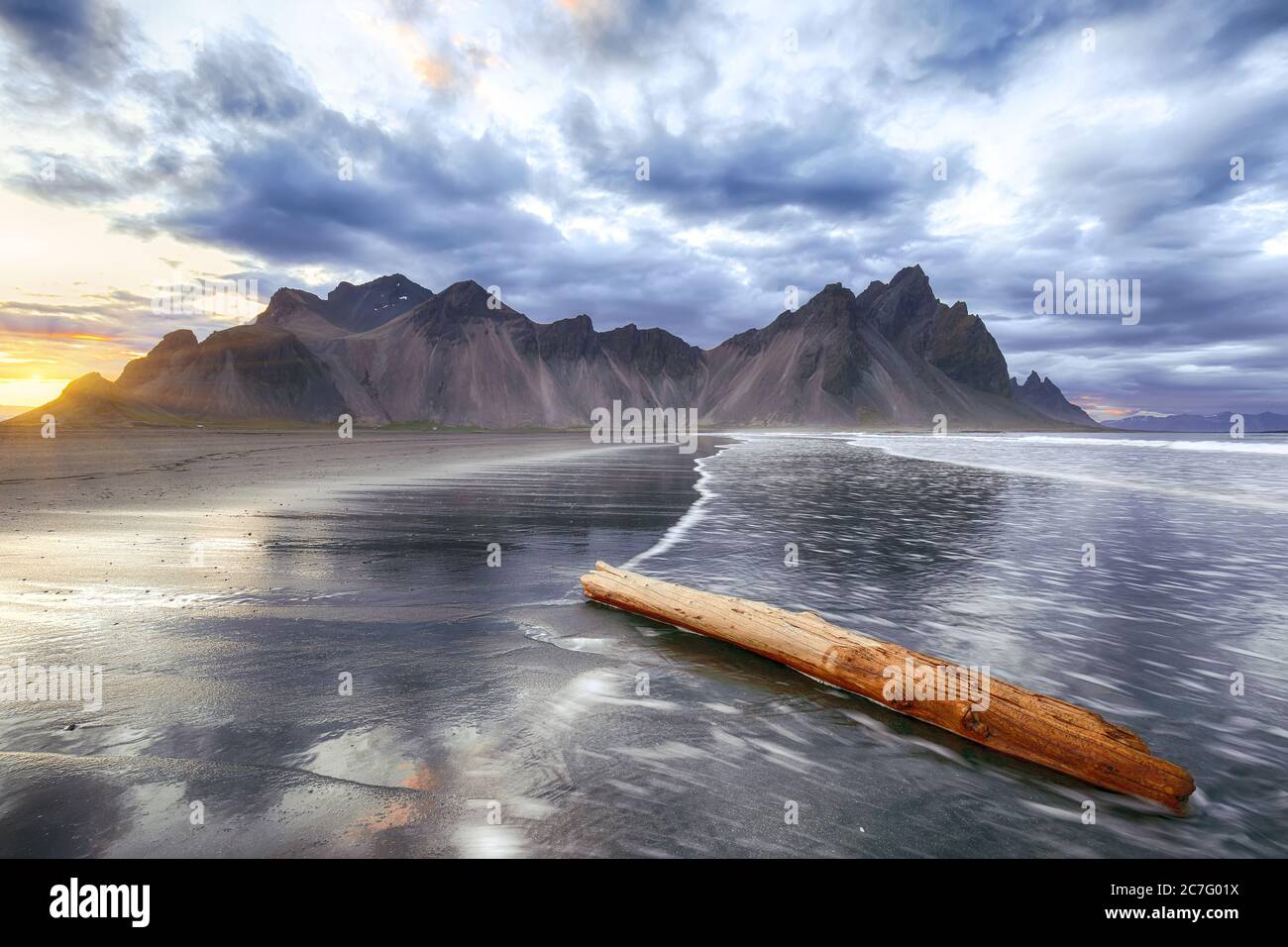 Dramatic sunset scene on Stokksnes cape in Iceland. Location: Stokksnes cape, Vestrahorn (Batman Mount), Iceland, Europe. Stock Photo