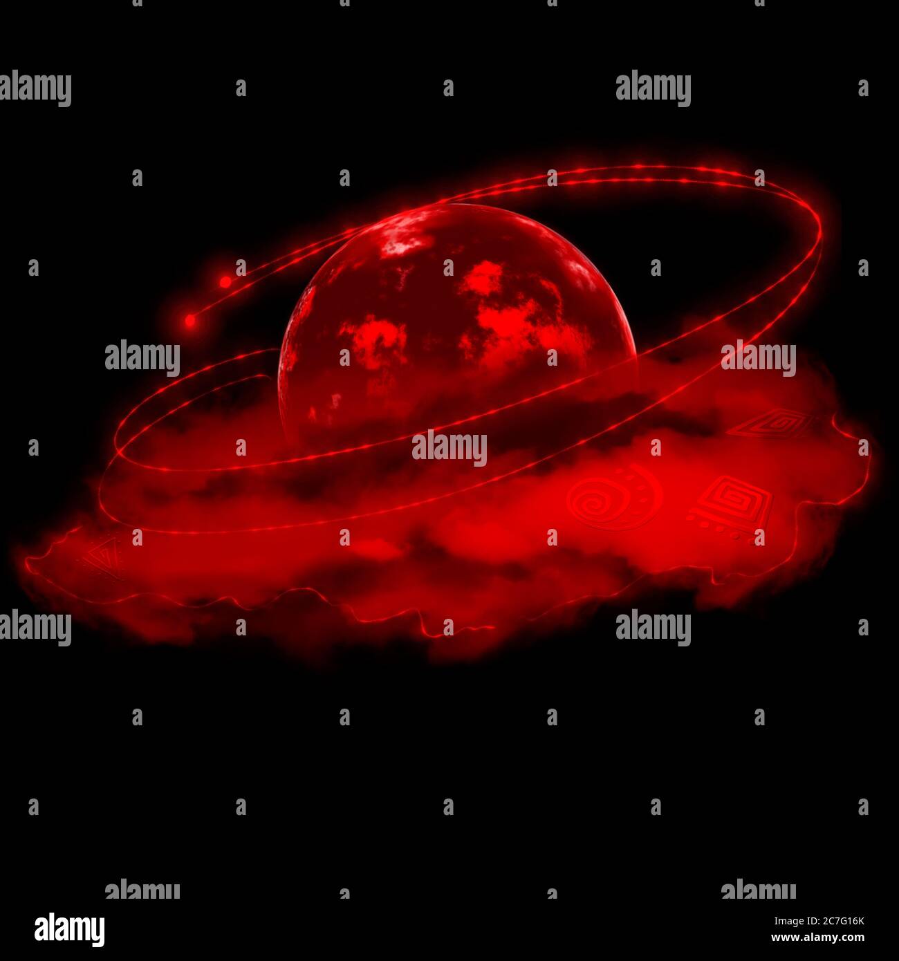 Red planet with red clouds and symbols on a black background Stock ...