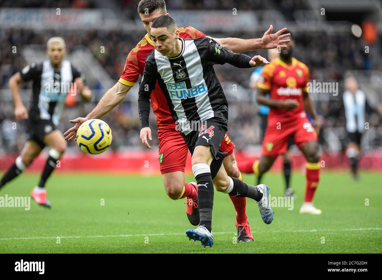 1st February 2020, St. James's Park, Newcastle, England; Premier League, Newcastle United v Norwich City : Miguel Almirón (24) of Newcastle United under pressure from Grant Hanley (5) of Norwich City Stock Photo