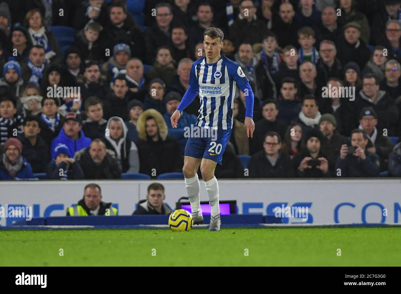 8th February 2020, American Express Community Stadium, Brighton and Hove, England; Premier League, Brighton and Hove Albion v Watford :Solly March (20) of Brighton & Hove Albion FC with the ball Stock Photo
