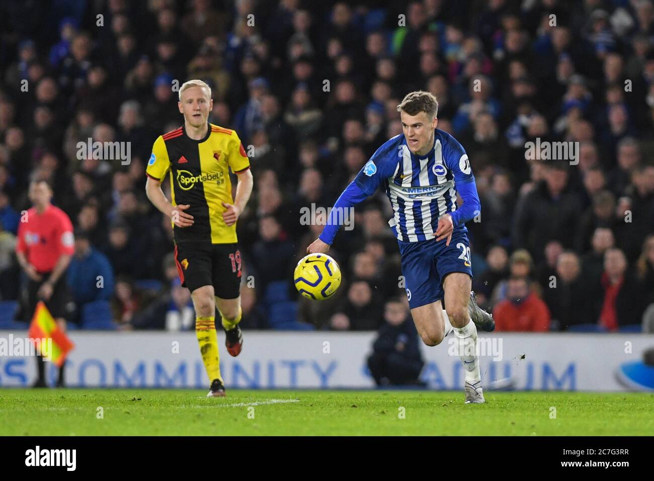 8th February 2020, American Express Community Stadium, Brighton and Hove, England; Premier League, Brighton and Hove Albion v Watford :Solly March (20) of Brighton & Hove Albion FC makes a run with the ball Stock Photo