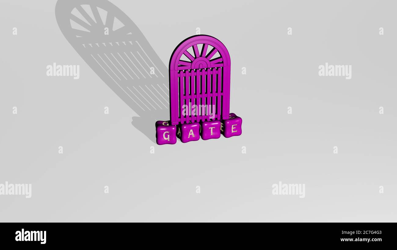 3D illustration of gate graphics and text made by metallic dice letters ...