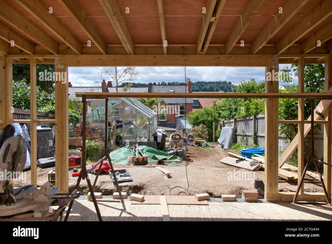 Interior of timber garden studio mid building construction Stock Photo