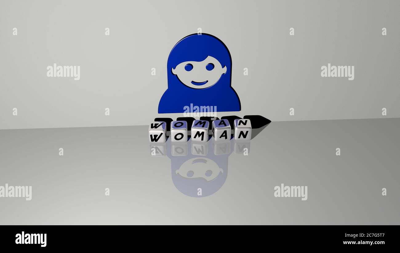 3D illustration of woman graphics and text made by metallic dice