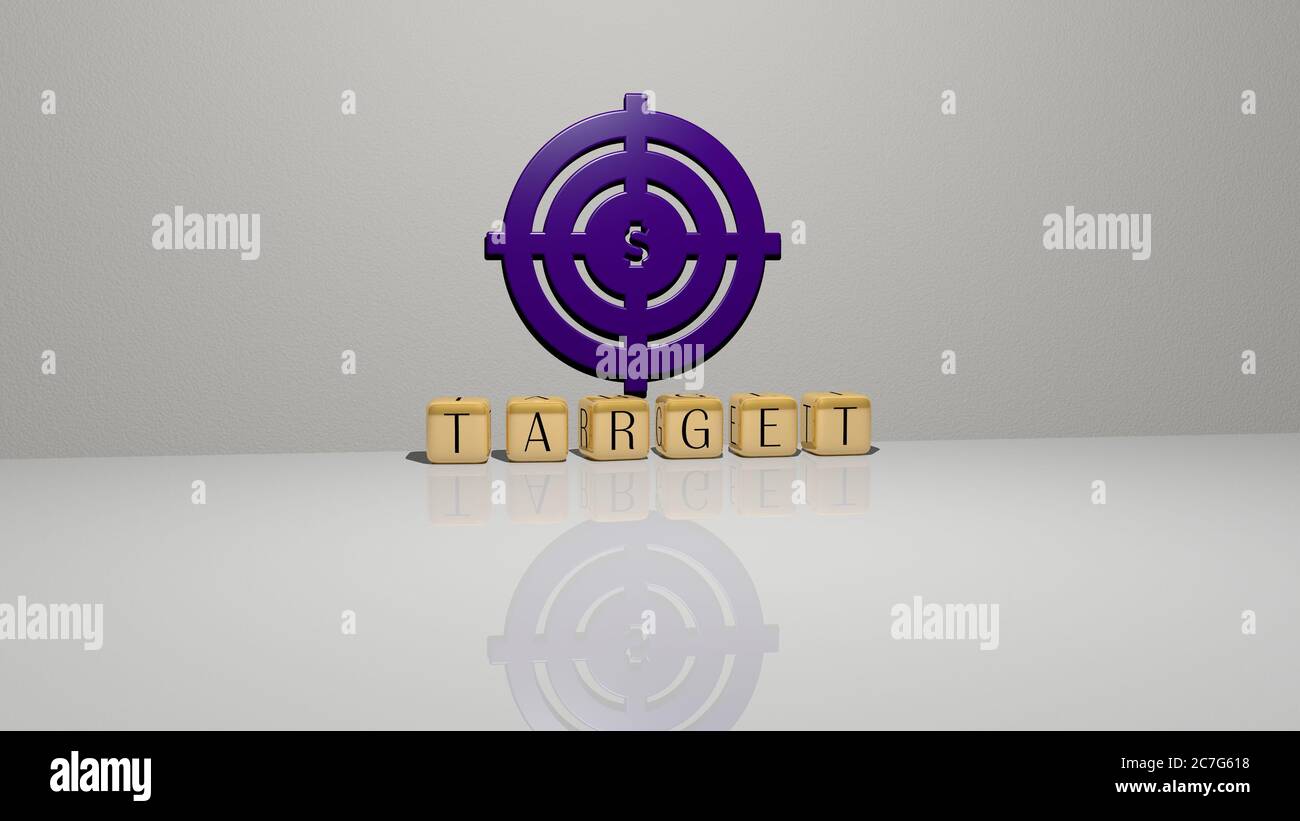 3D illustration of TARGET graphics and text made by metallic dice ...