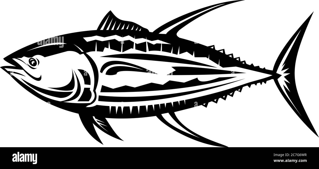 Retro black and white style illustration of a yellowfin tuna Thunnus albacares or ahi, a species of tuna found in pelagic waters of subtropical oceans Stock Vector