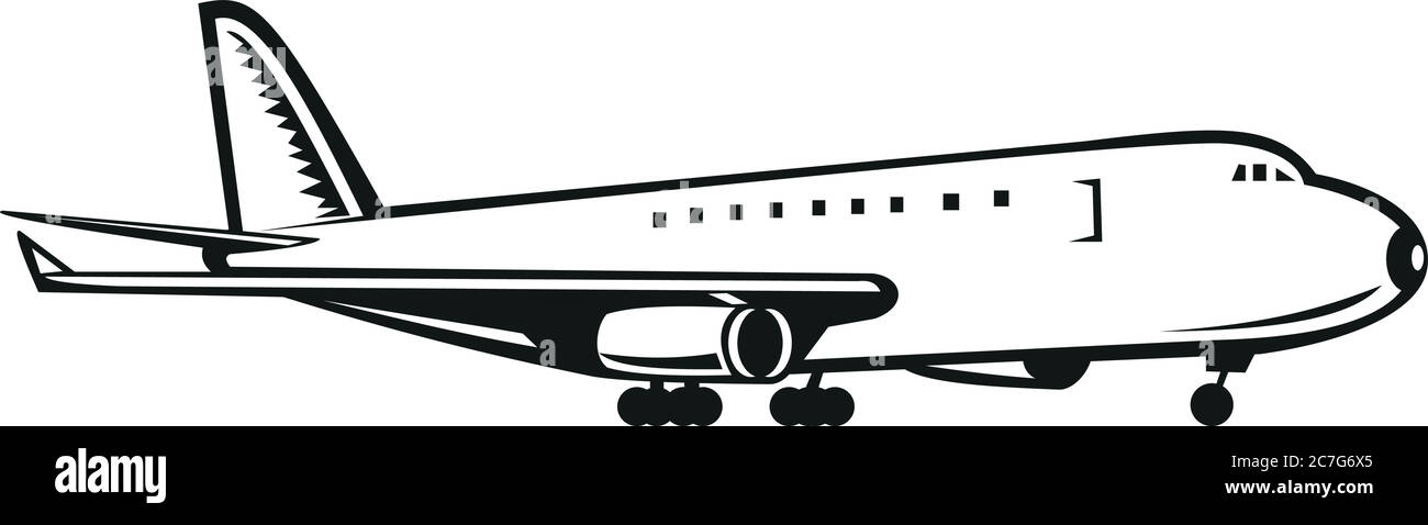 Illustration of a commercial jumbo jet plane airliner landing viewed from side on isolated background done in retro black and white style. Stock Vector