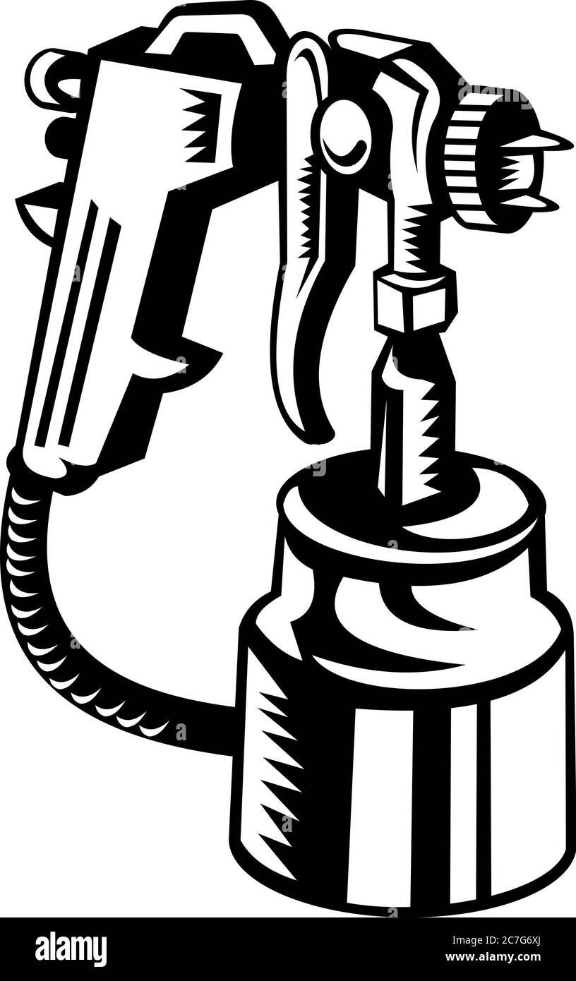 Retro black and white style illustration of a vintage heavy duty multi-purpose air paint spray gun on isolated background. Stock Vector