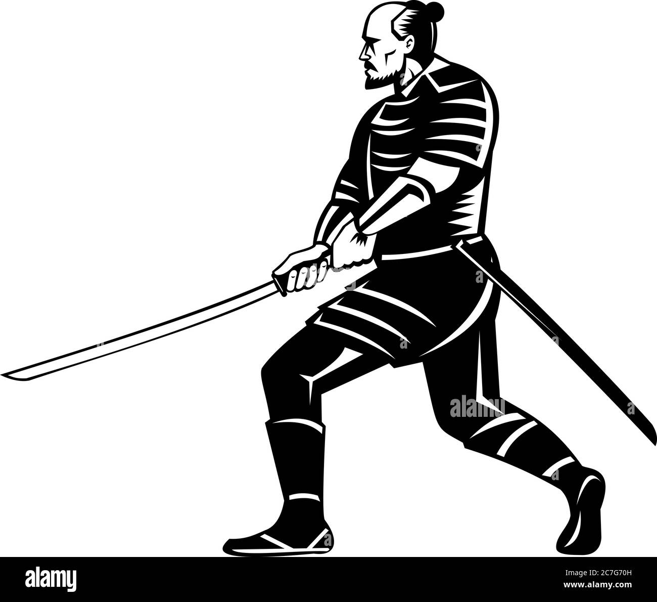 Retro black and white style illustration of a samurai warrior with katana sword in fighting stance viewed from side on isolated white background. Stock Vector