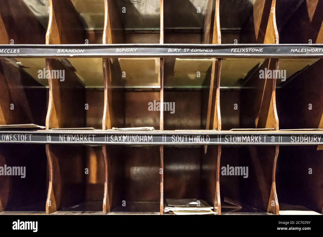 Detail view of an old Royal Mail letter sorting shelf, located on a