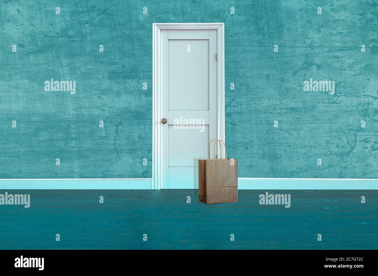 Food or goods delivery in paper bag in front of the door. Stock Photo