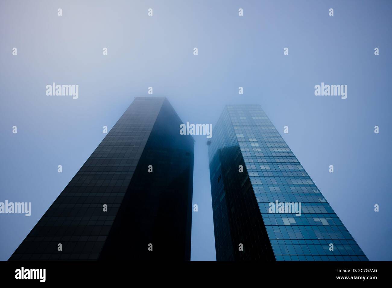 TALLINN, ESTONIA - Jul 18, 2015: Tornimäe twin towers on a foggy morning in Maakri subdistrict. Tallinn, Estonia Stock Photo