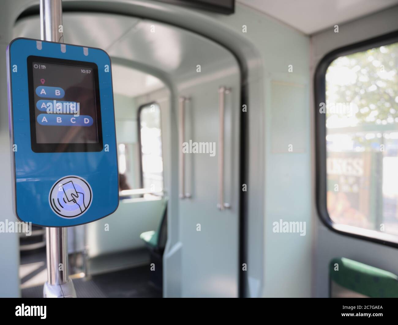Ticket validation machine in a tram in Helsinki, Finland Stock Photo