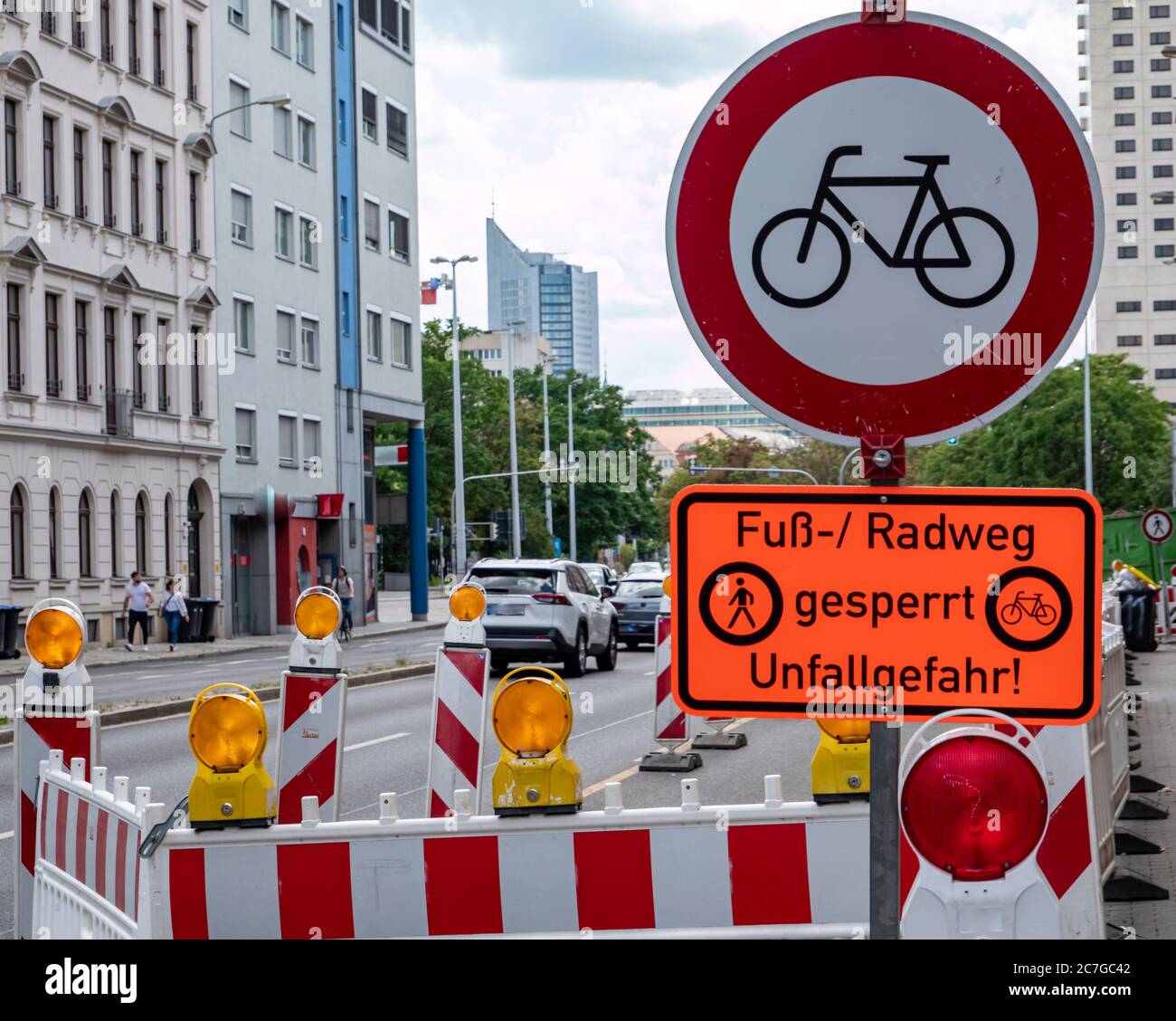 Warning foot and bike path blocked traffic sign in german Stock Photo