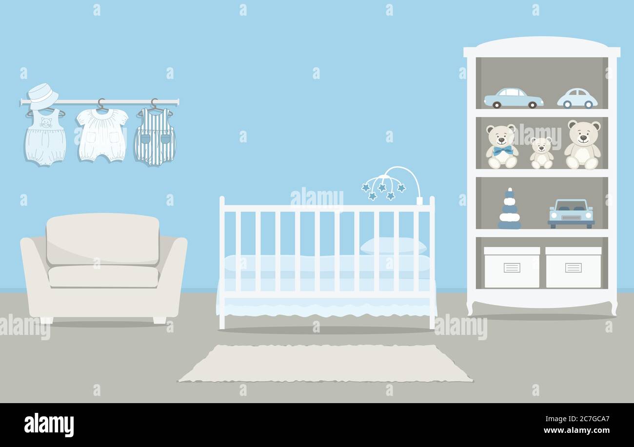 Kid's room for a newborn baby. Interior bedroom for a baby boy in a blue  color. There is a cot, a wardrobe with toys, armchair, baby clothes here  Stock Vector Image &