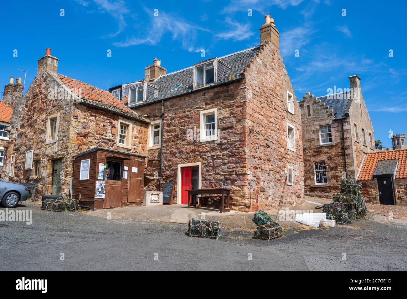 Renovated buildings in waterfront of Scottish coastal town of Crail in