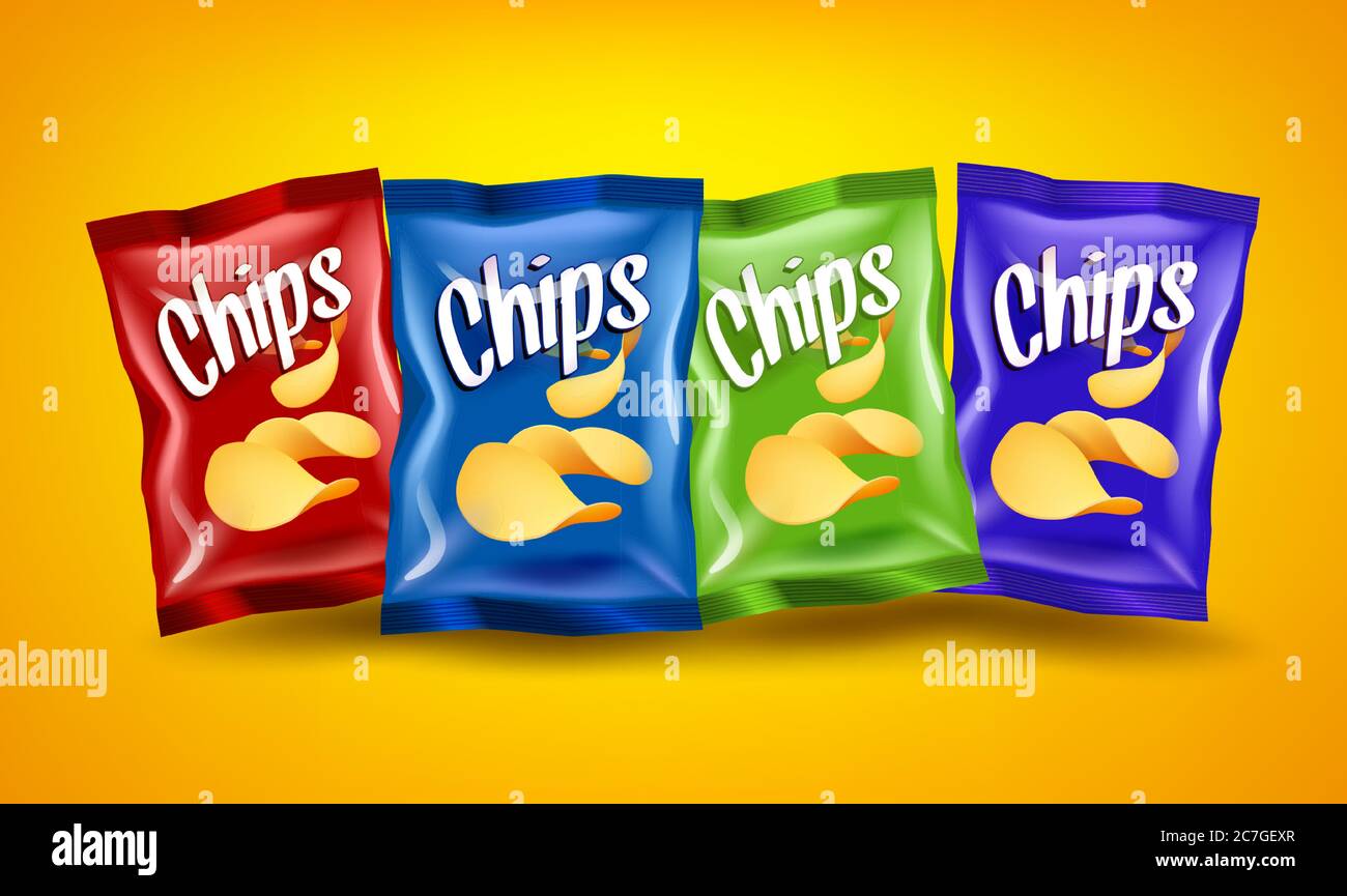 Set of red, blue and green chips packages with yellow crispy snacks ...