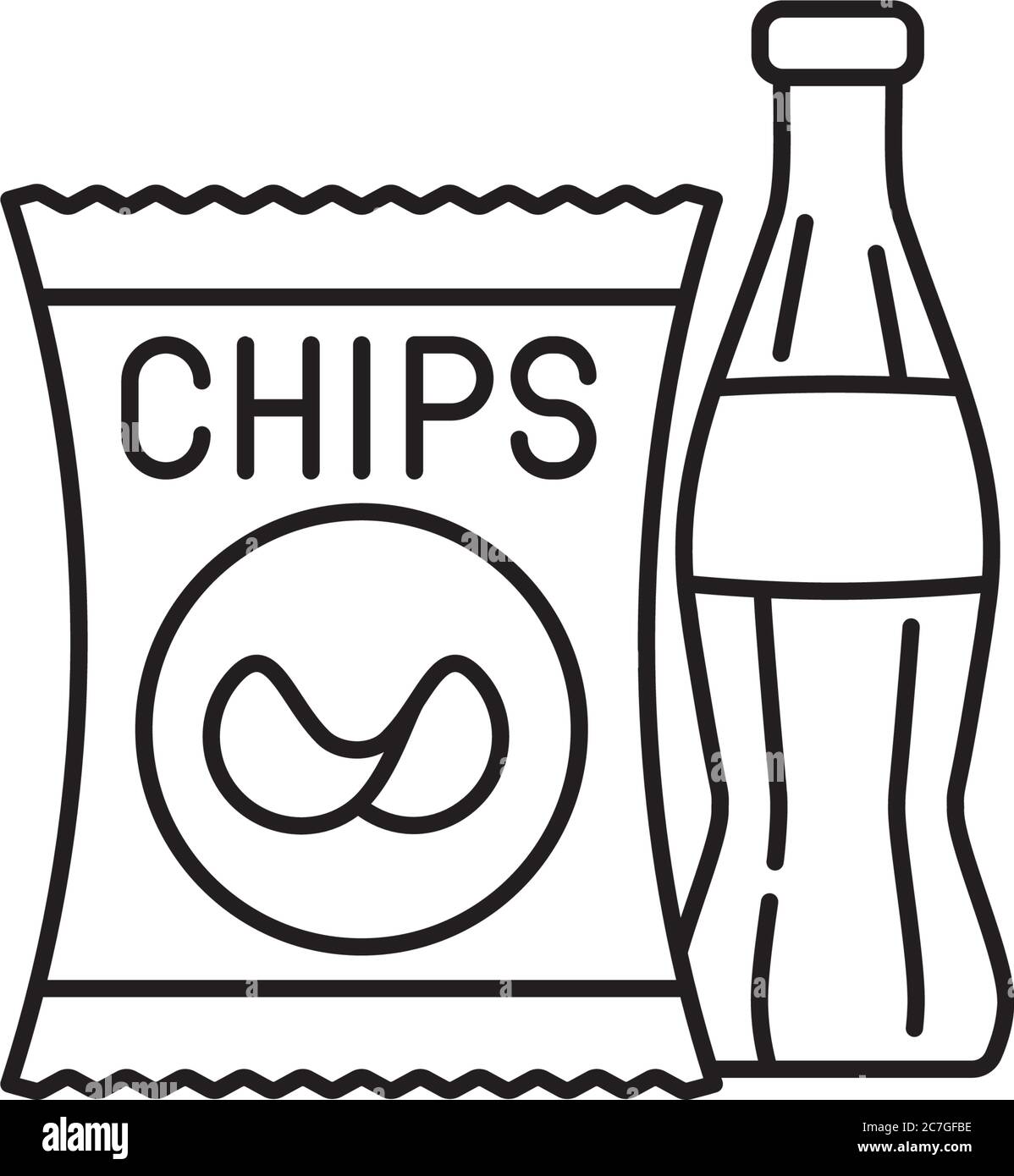 Potato chips bag and soft drink bottle vector line icon. Unhealthy