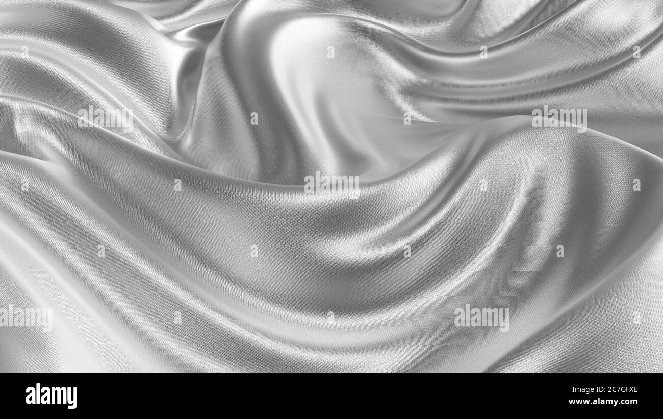 Silver silk wavy fabric abstract background close up. Closeup of rippled silk fabric. Smooth elegant silver-colored silk or satin. 3d rendering. Stock Photo