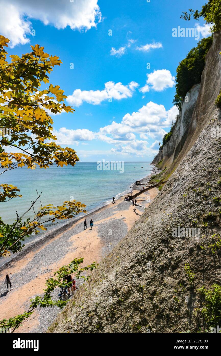 Beach and chalk cliffs at Kieler Ufer beach at the Baltic sea in Jasmund National Park, Rügen, Germany, with few visitors during coronavirus crisis. Stock Photo