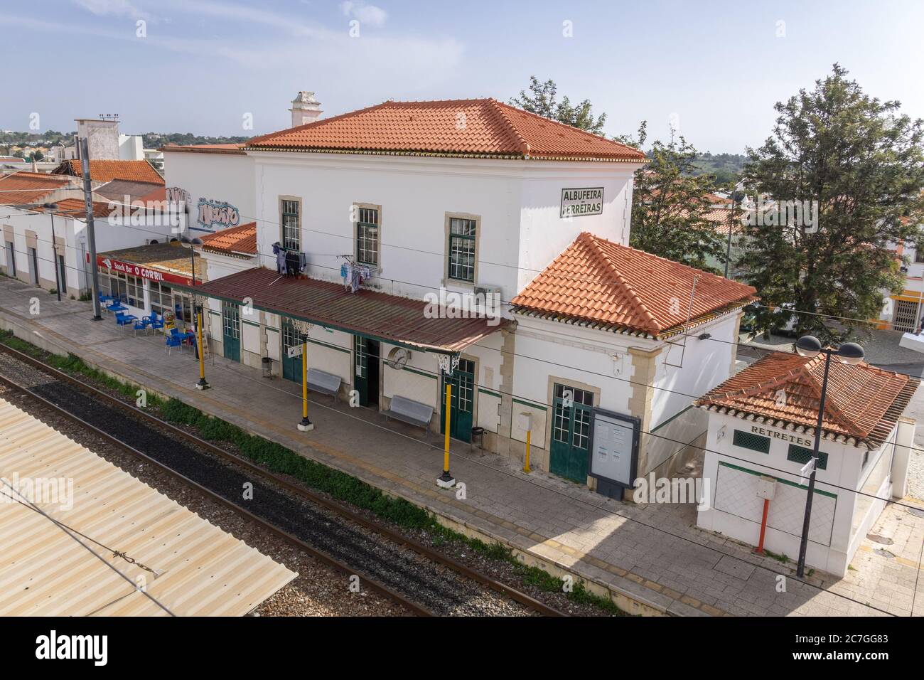 The Albufeira Ferreiras Train Railway Station Building Exterior Platform Rail Line Stock Photo