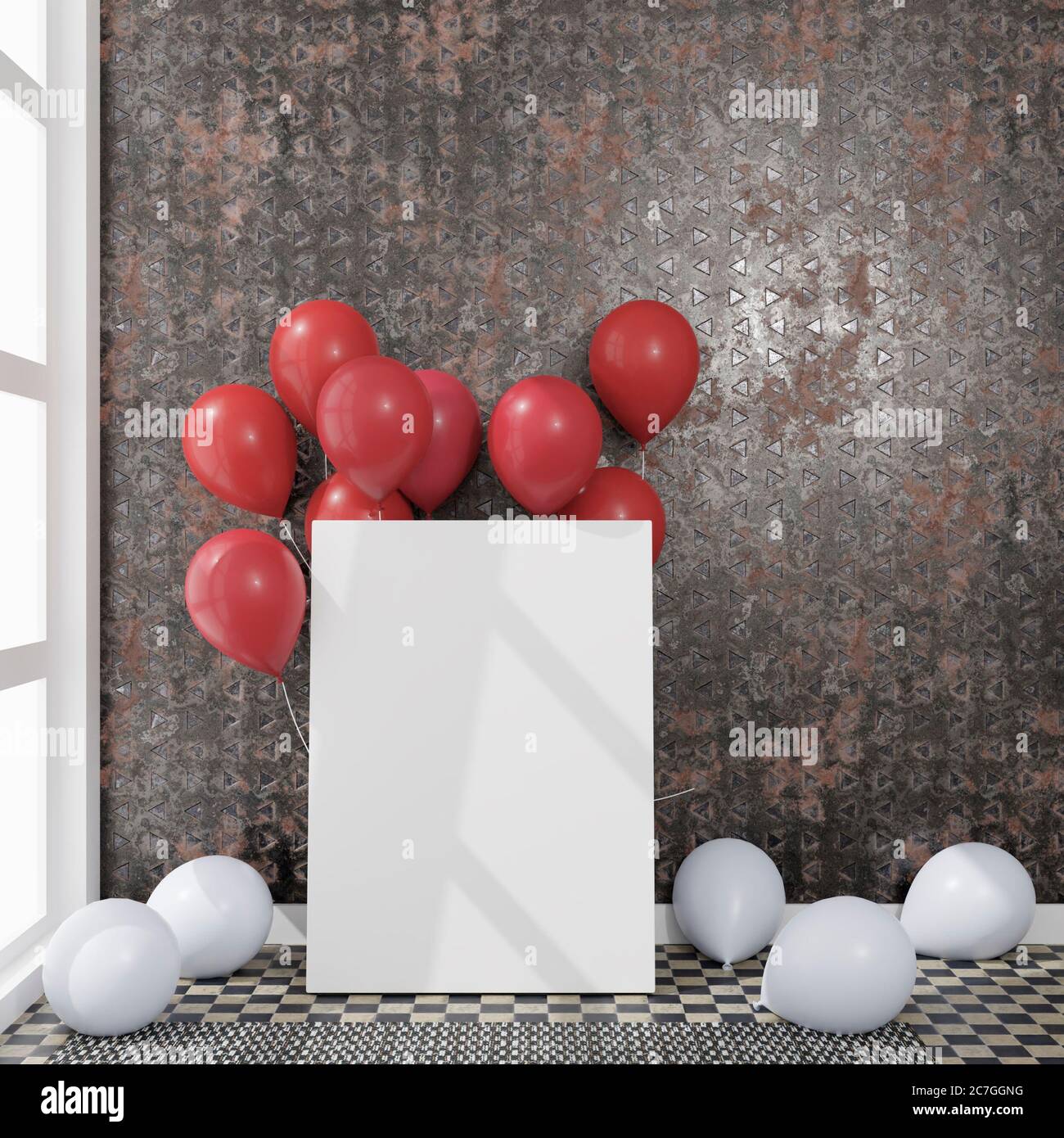 Canvas with some balloons in a daylight room. 3D rendering mockup. 3d illustration.Party concept Stock Photo