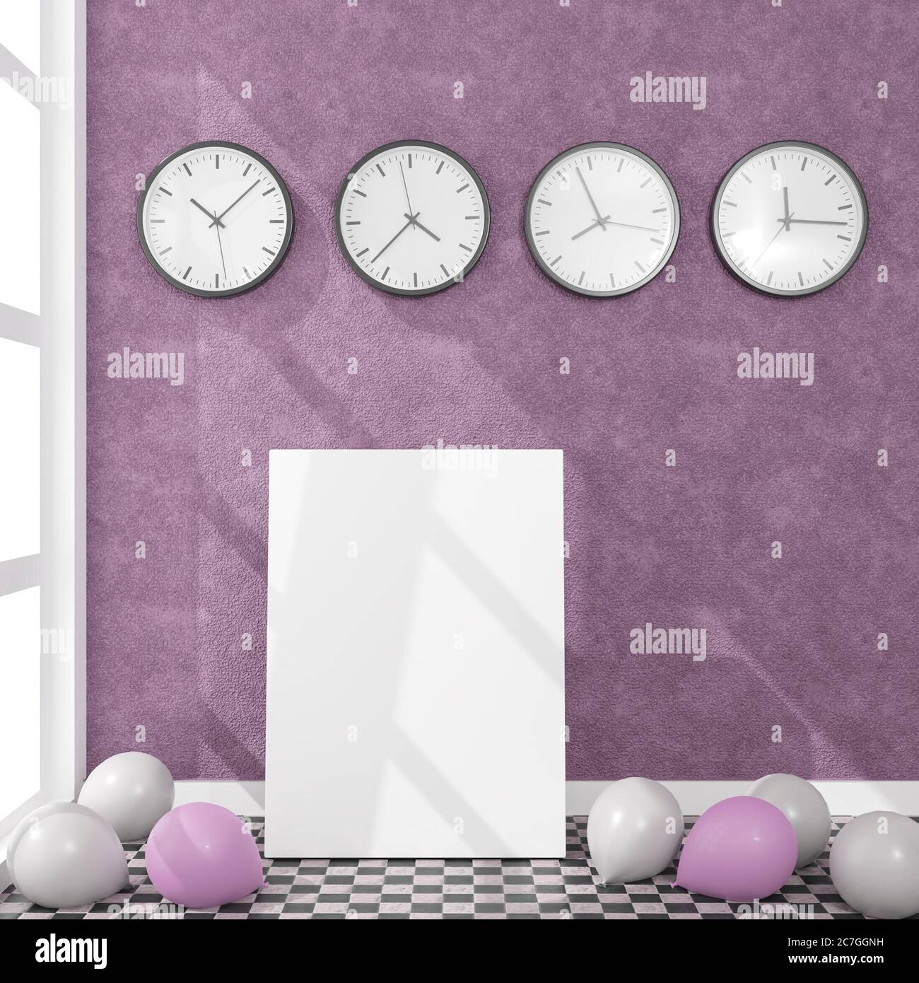 Canvas with some balloons in a daylight room. 3D rendering mockup. 3d illustration.Party concept Stock Photo