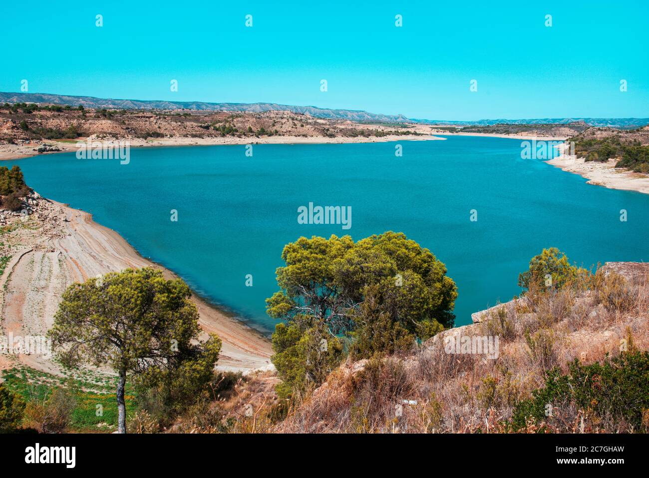 a view of the Mequinenza Reservoir, in the Ebro river, also known as Mar de Aragon, Sea of Aragon, in the Zaragoza province, Spain Stock Photo
