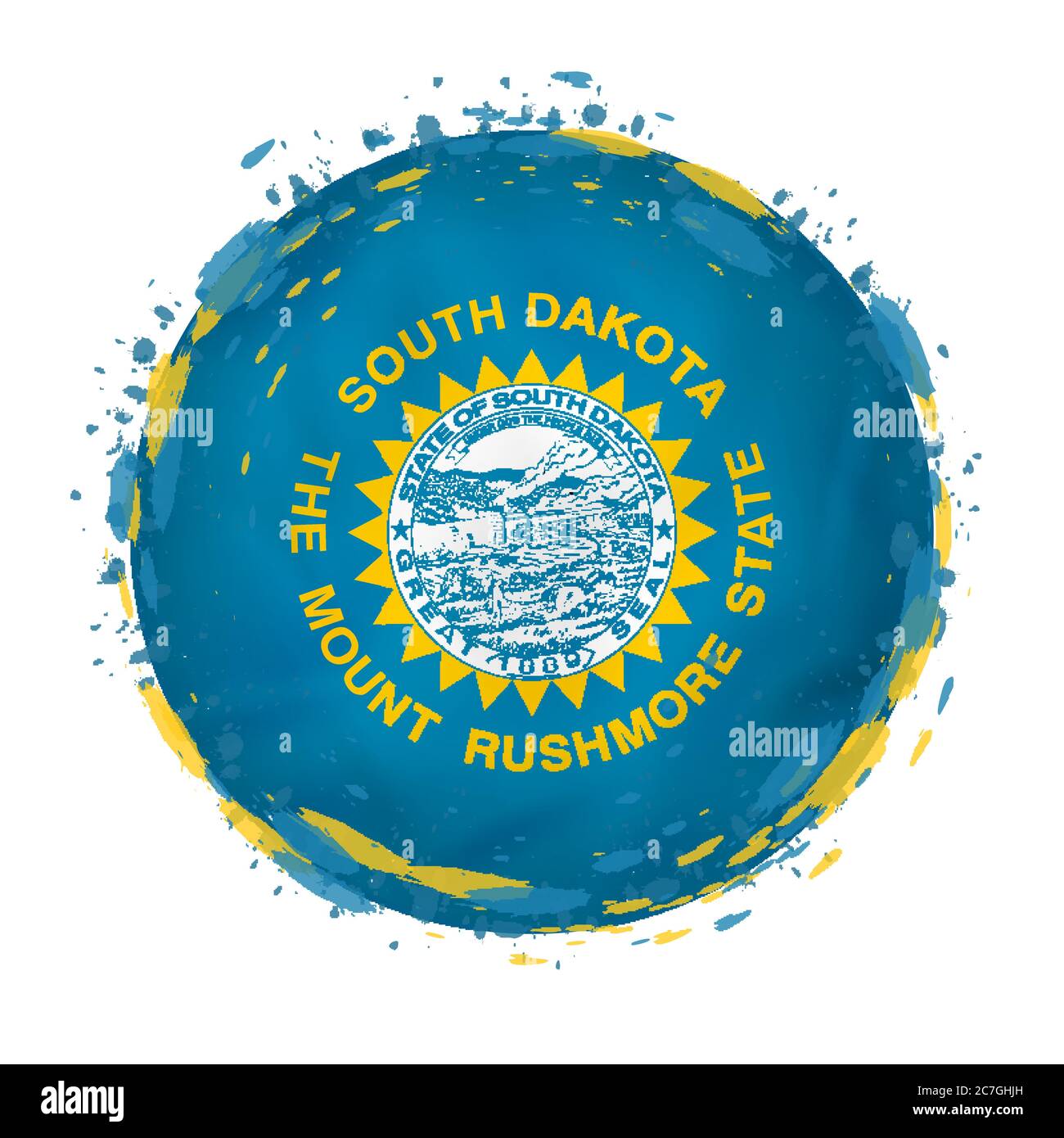 Round grunge flag of South Dakota US state with splashes in flag color. Vector illustration