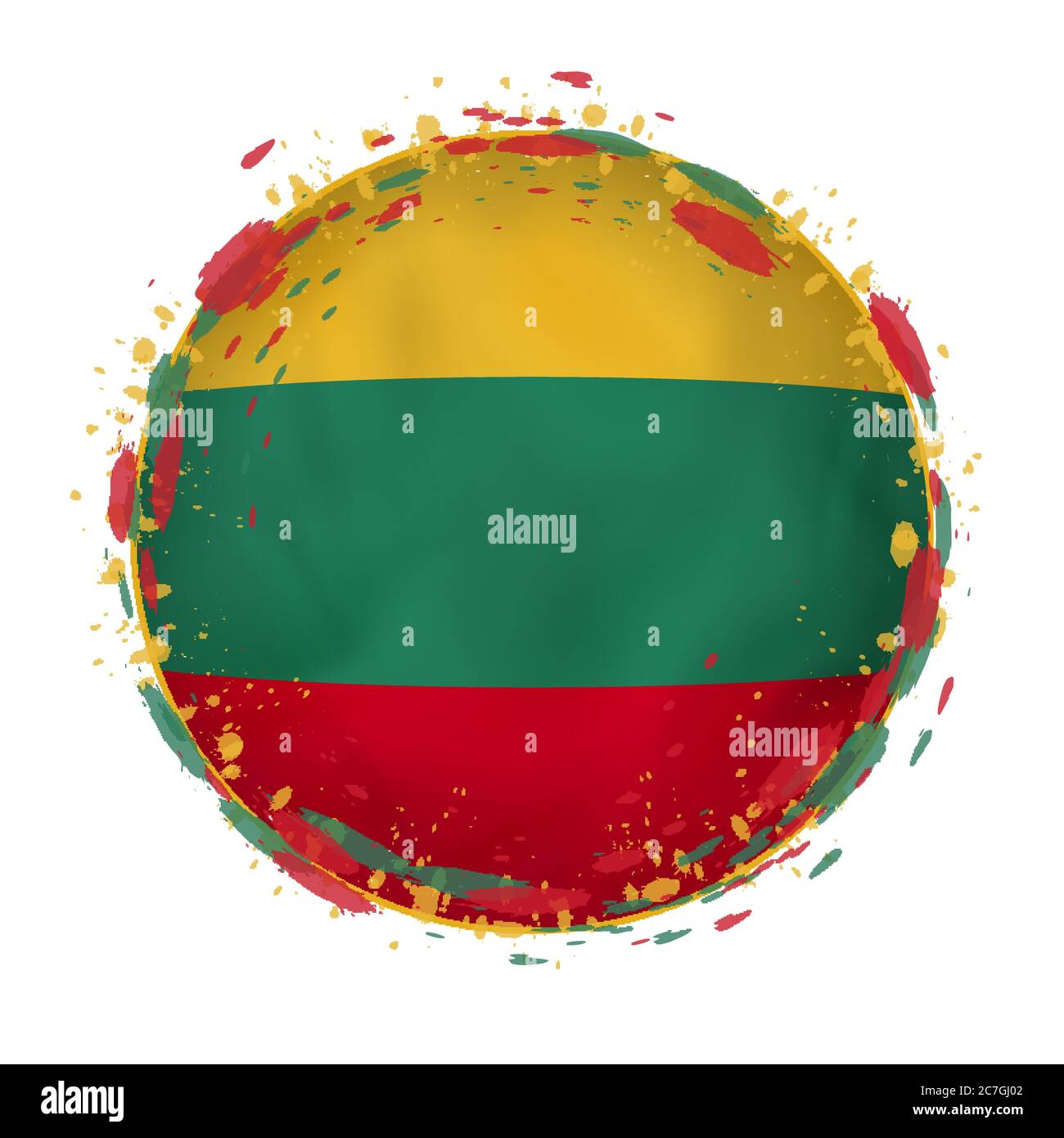 Round grunge flag of Lithuania with splashes in flag color. Vector illustration. Stock Vector