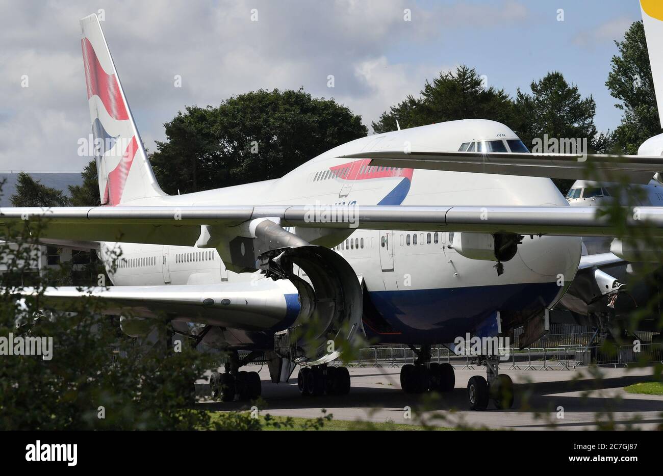An engineless British Airways Boeing 747 aircraft, which first flew on