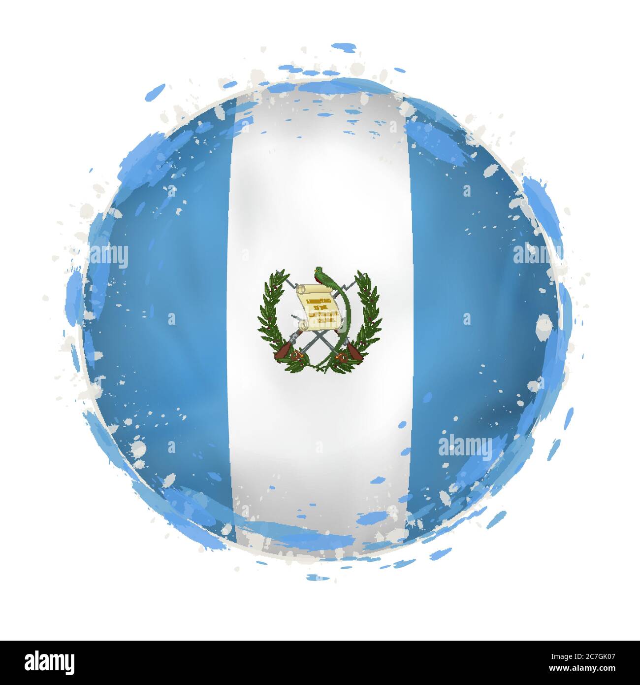 Round grunge flag of Guatemala with splashes in flag color. Vector illustration. Stock Vector