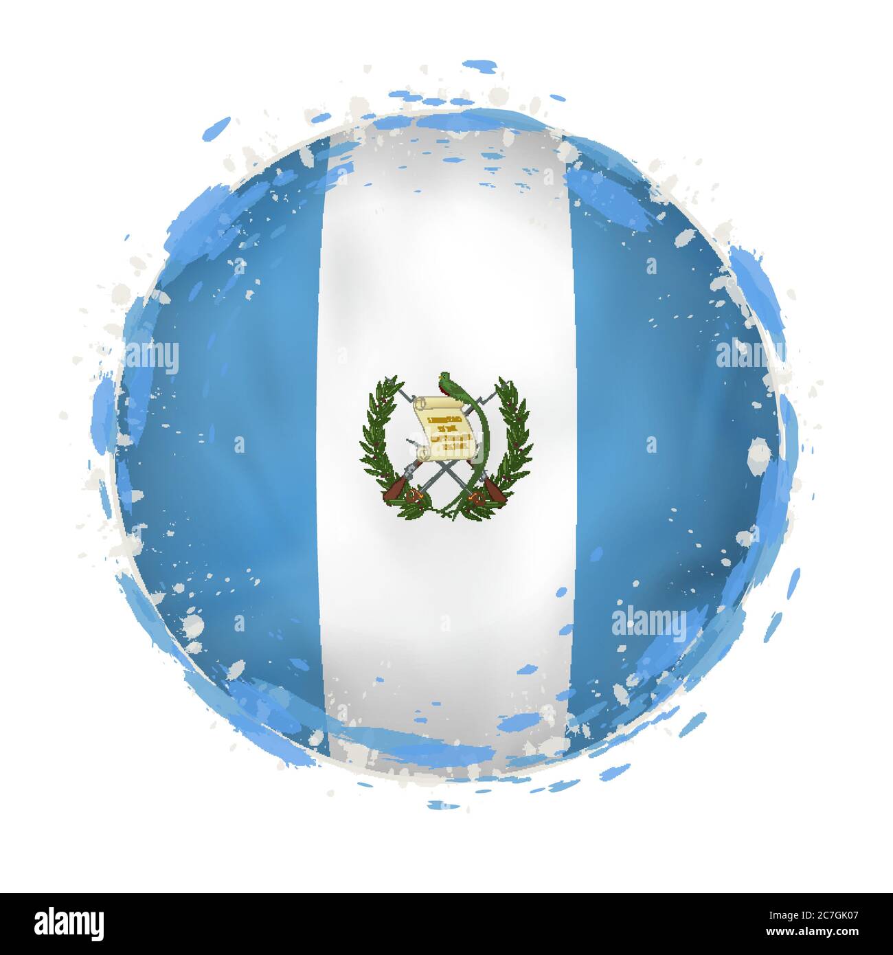 Round grunge flag of Guatemala with splashes in flag color. Vector