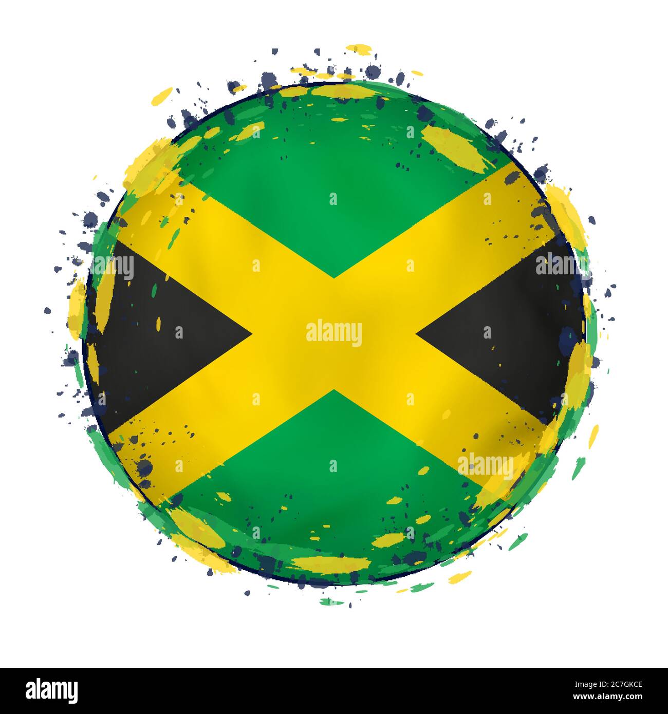 Round grunge flag of Jamaica with splashes in flag color. Vector