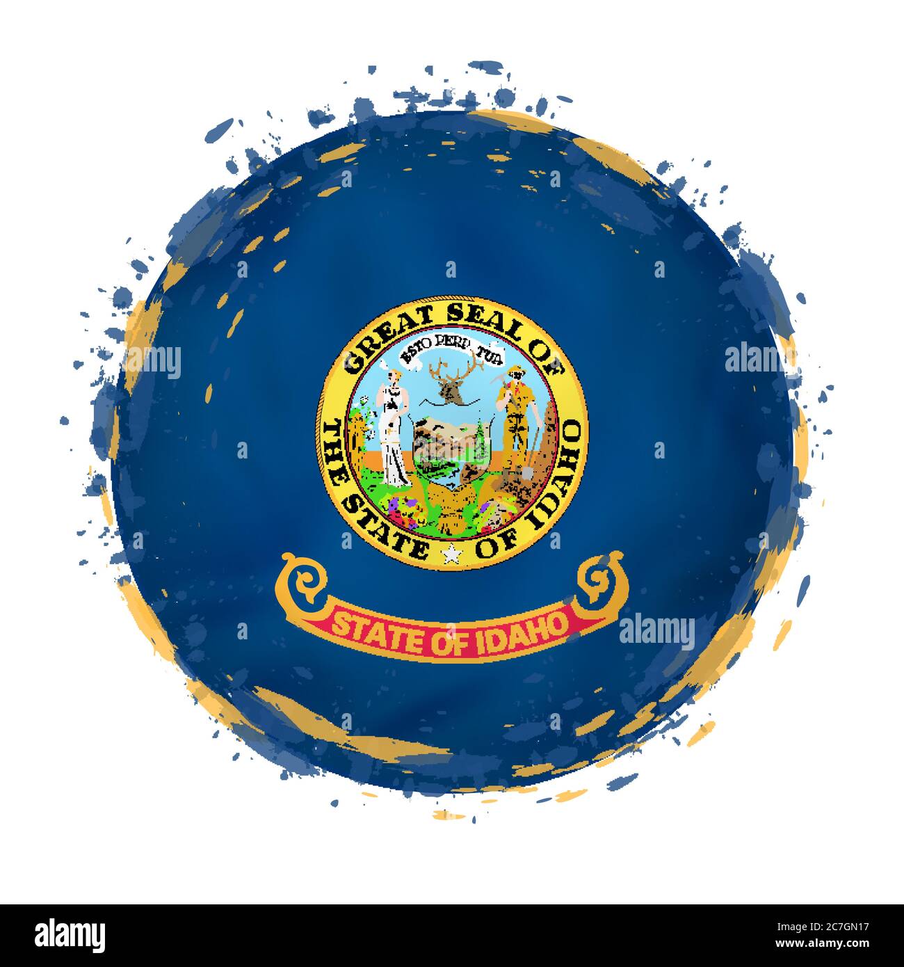 Round grunge flag of Idaho US state with splashes in flag color. Vector ...