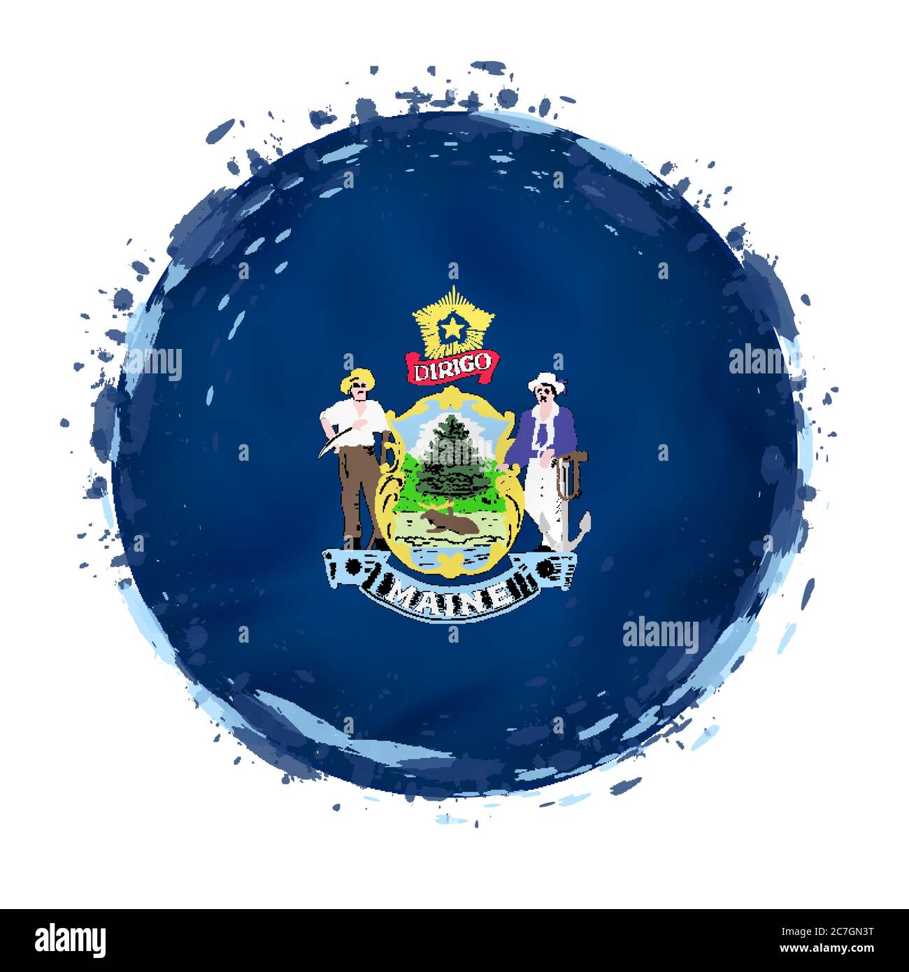Round grunge flag of Maine US state with splashes in flag color. Vector ...