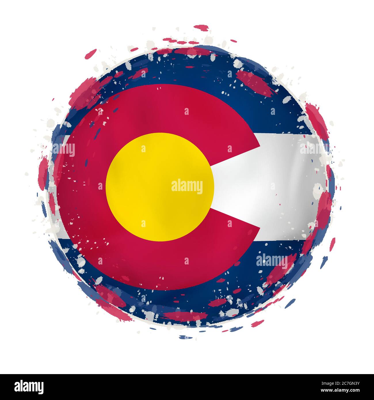 Round grunge flag of Colorado US state with splashes in flag color