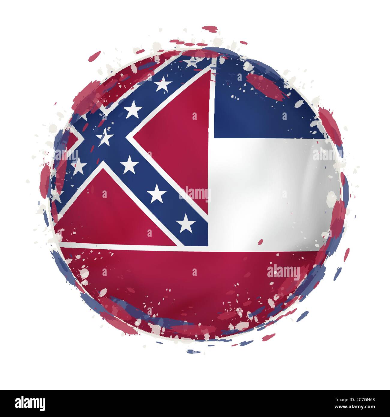 Round grunge flag of Mississippi US state with splashes in flag color