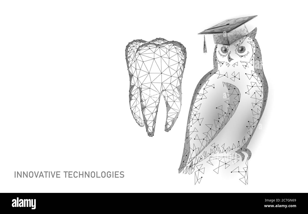 Medicine dental graduate certificate program concept. Low poly 3D render graduation cap on tooth banner template. Internet education course degree Stock Vector