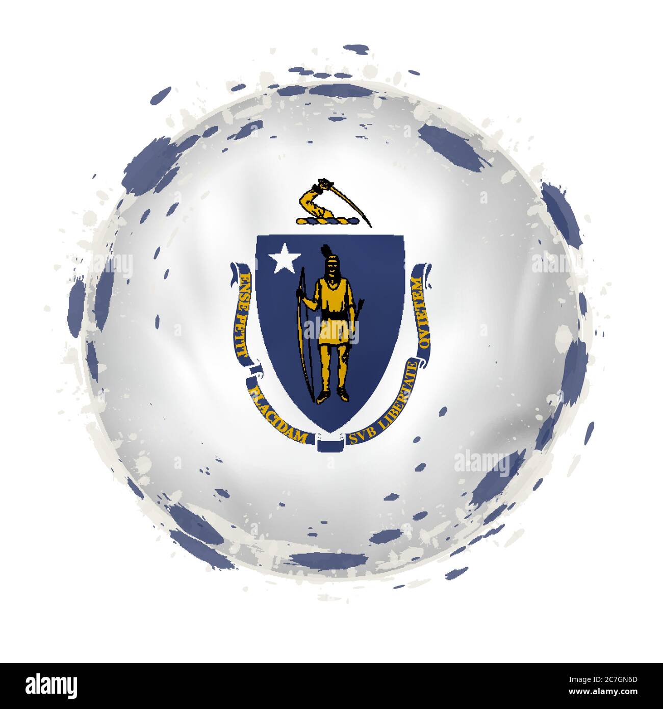 Round grunge flag of Massachusetts US state with splashes in flag color ...