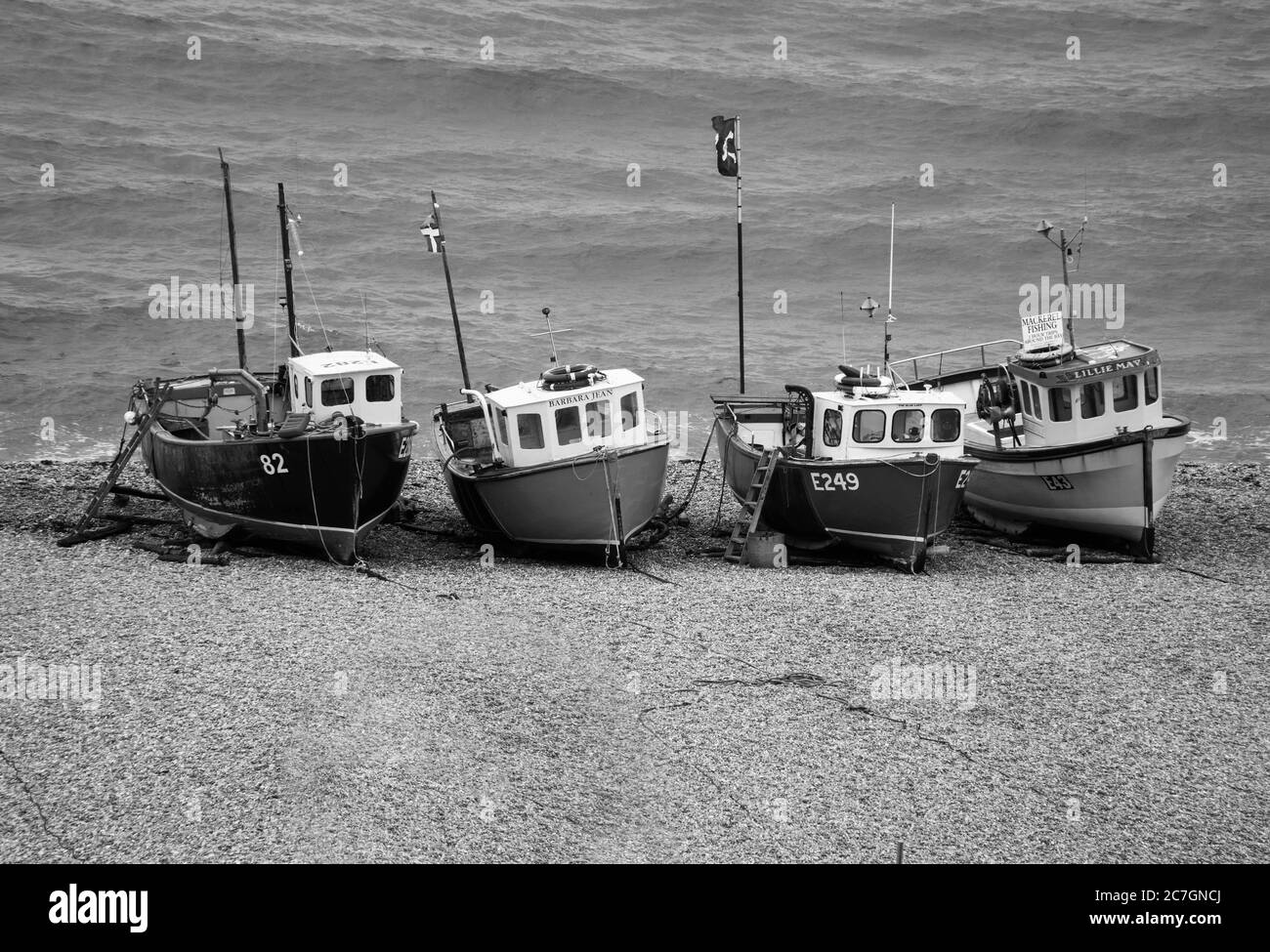 Fishing boats moored up on shingle beach at Beer south Devon UK. June