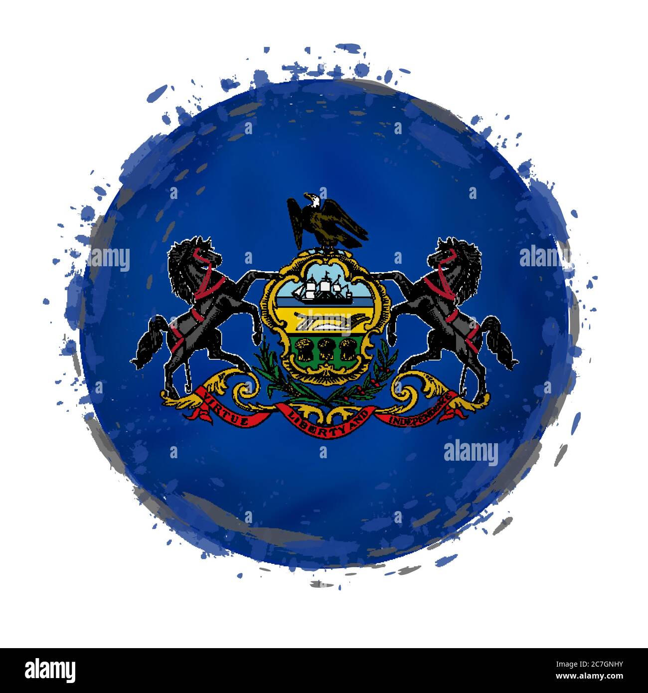 Round grunge flag of Pennsylvania US state with splashes in flag color