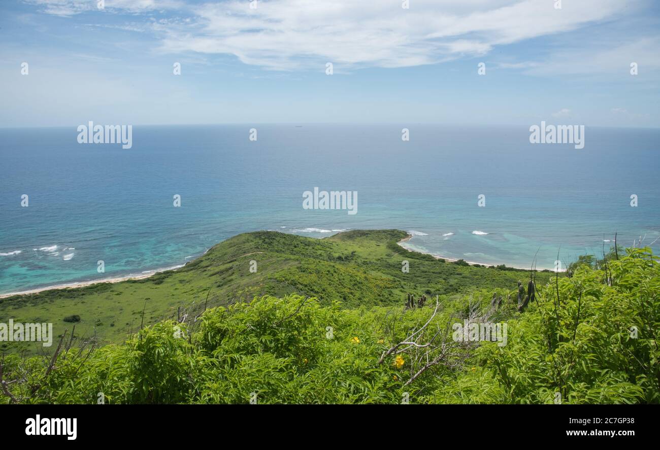 View of the lush flora, reef, and Caribbean Sea shoreline from the Goat Hill hike on the East End of St. Croix in the US Virgin Islands Stock Photo