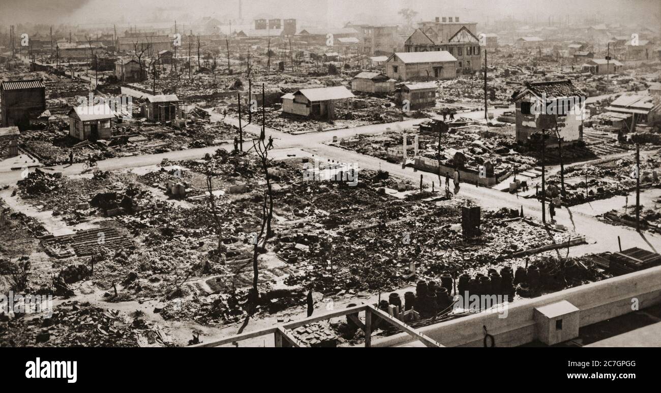 The bombing of Nagaoka, Japan took place on the night of 1 August 1945, as part of the strategic bombing campaign waged by the United States against military and civilian targets and population centers during the closing stages of World War II. Between 65 and 80 percent of the urban area of Nagaoka was destroyed during the bombing. Stock Photo