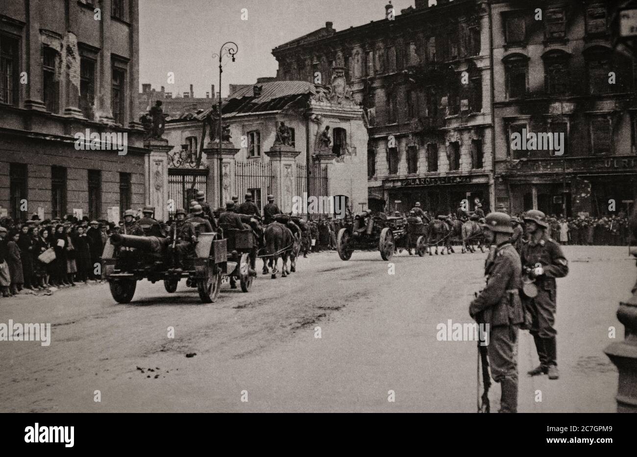 German troops enter Warsaw, Poland. The German invasion began on 1 September 1939, one week after the signing of the Molotov–Ribbentrop Pact between Germany and the Soviet Union, and one day after the Supreme Soviet of the Soviet Union had approved the pact. The Soviets invaded Poland on 17 September. The campaign ended on 6 October with Germany and the Soviet Union dividing and annexing the whole of Poland under the terms of the German–Soviet Frontier Treaty. Stock Photo