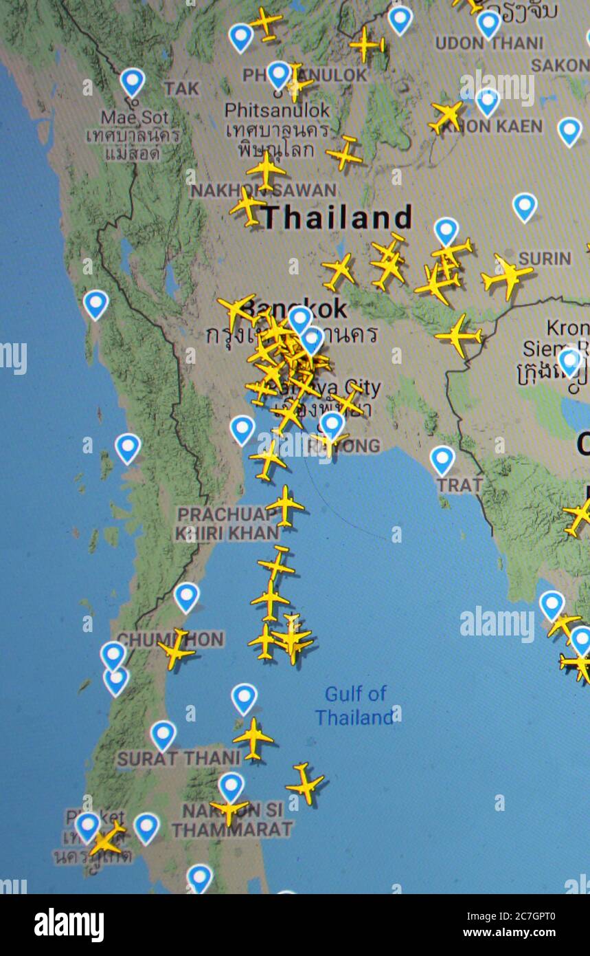 air traffic over Thailand (17 july 2020, UTC 09.00)  on Internet with Flightradar 24 site, during the Coronavirus Pandemic Stock Photo