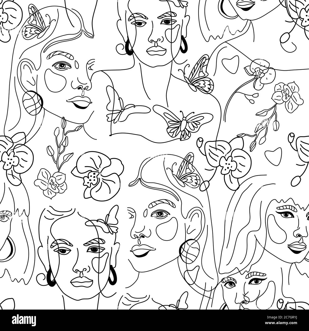 Seamless Pattern of Womans Face Minimal Line Style ol-line drawing. Abstract Contemporary collage in a modern trendy style. Vector female Portrait Stock Vector