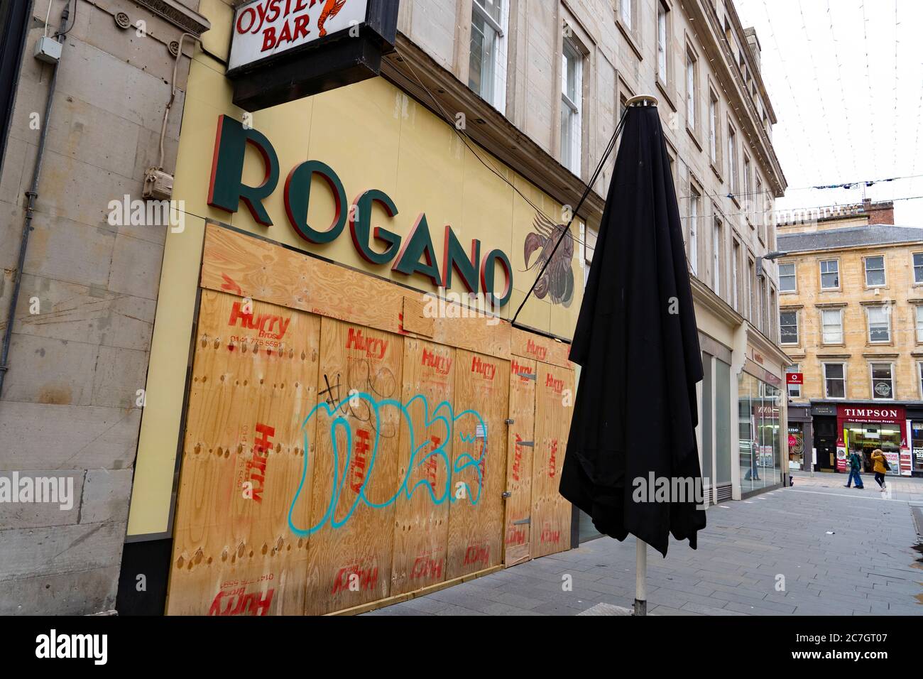 Glasgow, Scotland, UK. 17 July, 2020.  Images from Glasgow city centre as covid-19 restrictions are relaxed and  the public are out and about shopping and at work. Pictured; Rogano Oyster Bar restaurant remains closed and boarded up.. Iain Masterton/Alamy Live News Stock Photo