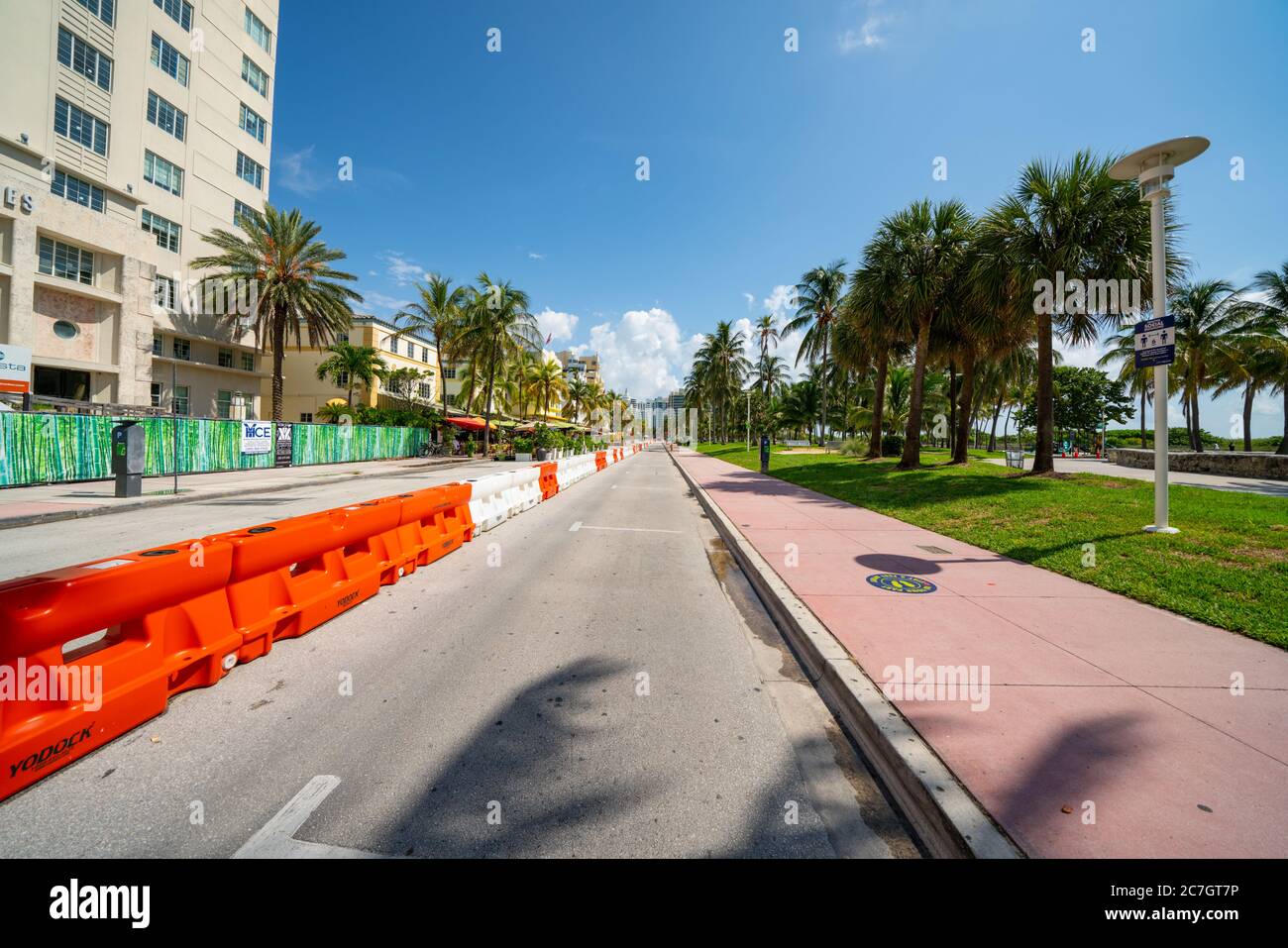 Empty summer street Miami Beach Ocean Drive Coronavirus Covid 19 pandemic stay at home order Stock Photo